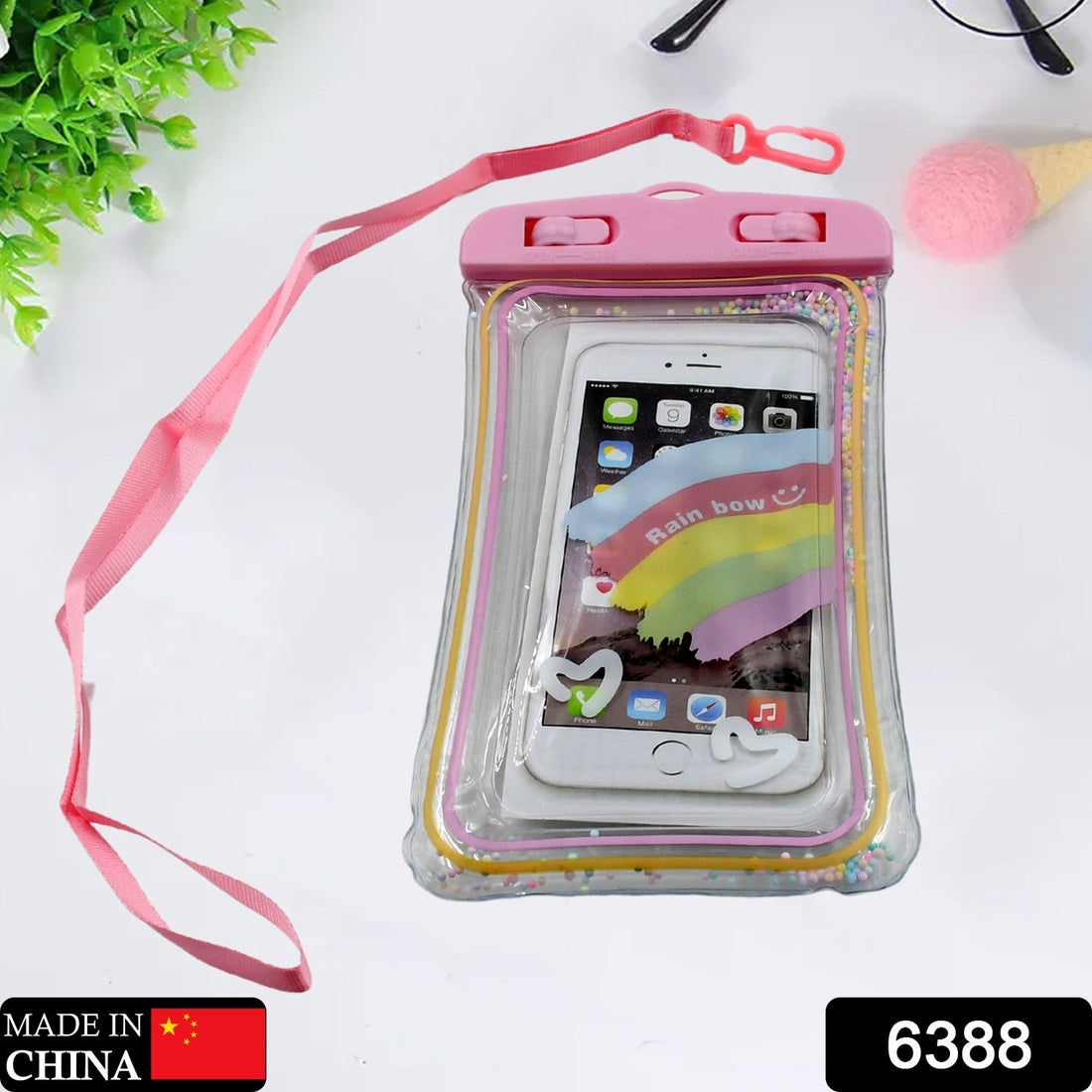 Mobile cover with zip lock and waterproof features, protects phones in wet conditions.