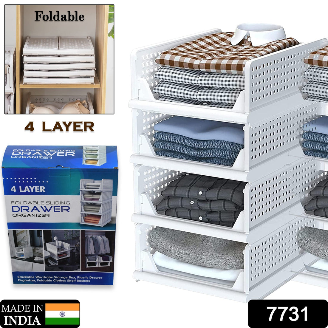 Plastic 4-layer drawer organizer, versatile and stackable for wardrobe or closet organization.