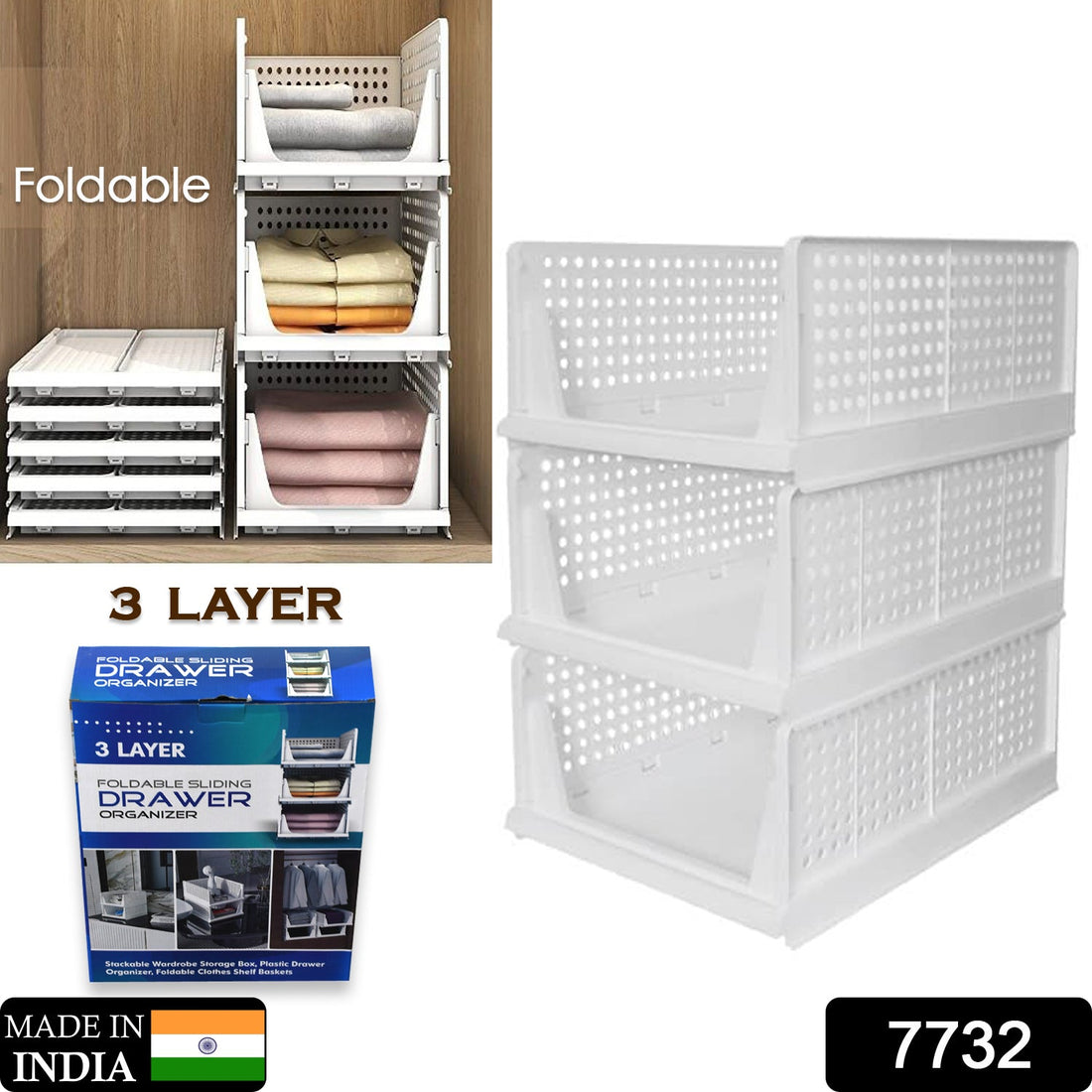 Plastic drawer organizer, 3 layers, foldable and stackable for clothes and accessories.