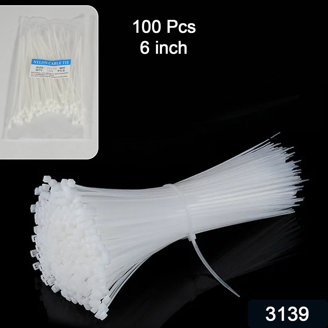 6-inch nylon self-locking cable ties, black, pack of 100