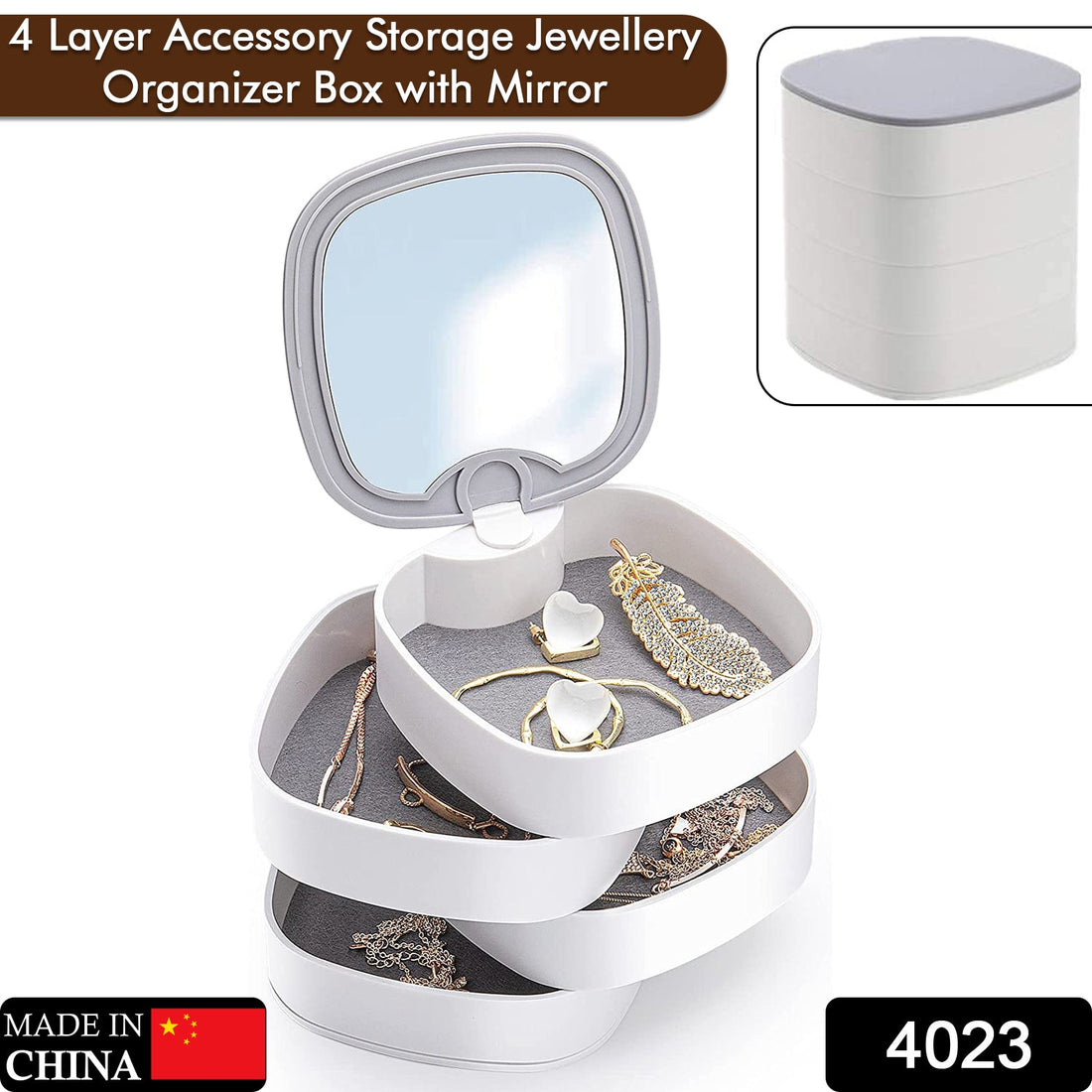 Top view of rotating jewelry box with 4 layers and mirror
