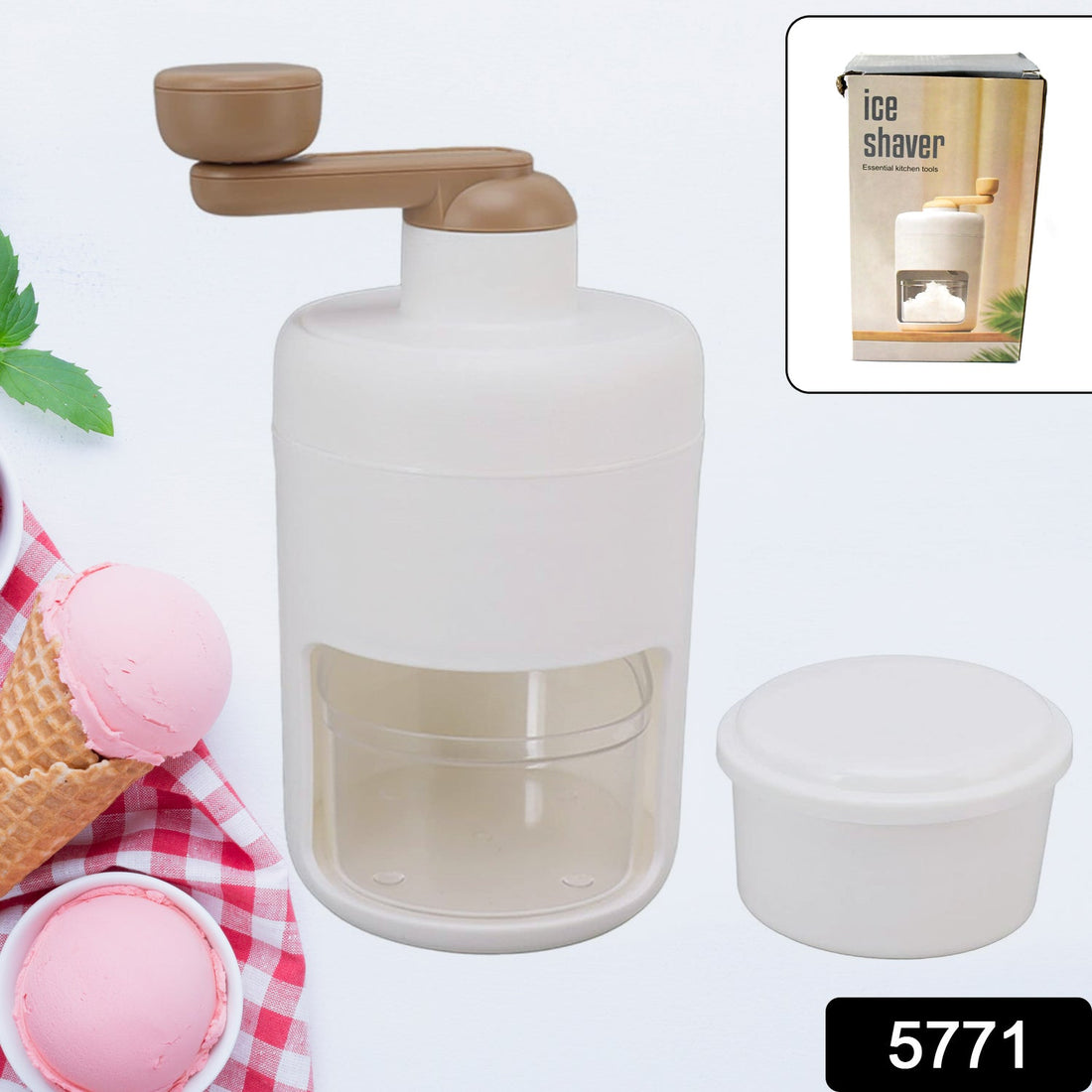 Hand-cranked ice crusher and shaved ice machine for making smoothies.