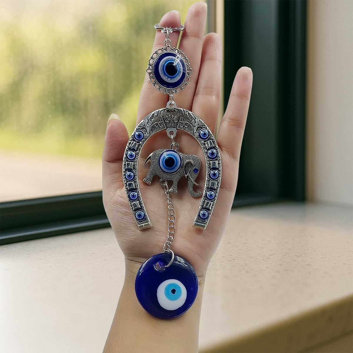 Decorative Evil Eye Hanging with Elephant and Horseshoe Motif,  Wind Chime (1 Pc)