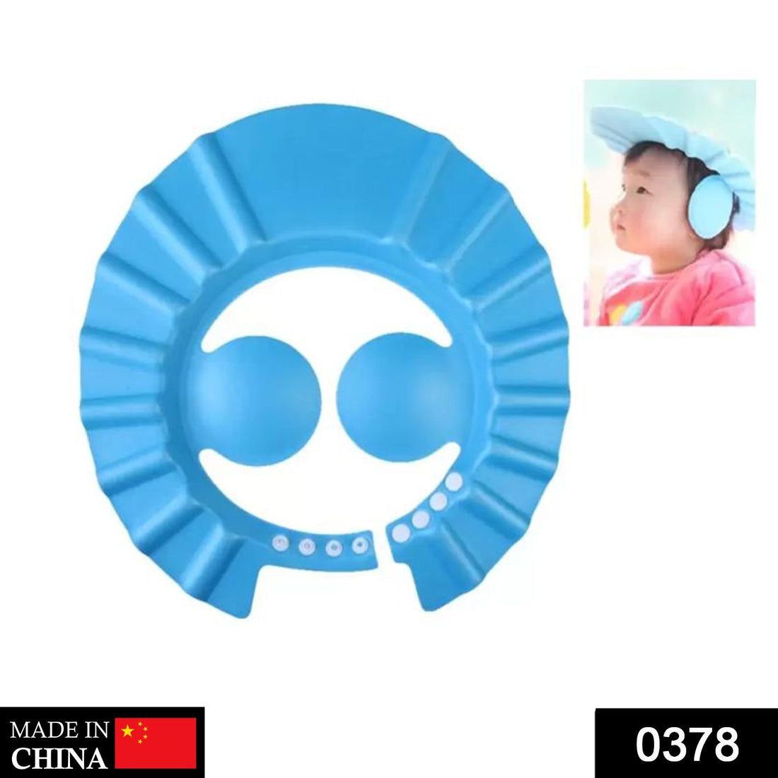 Adjustable baby shower cap for safe bathing.
