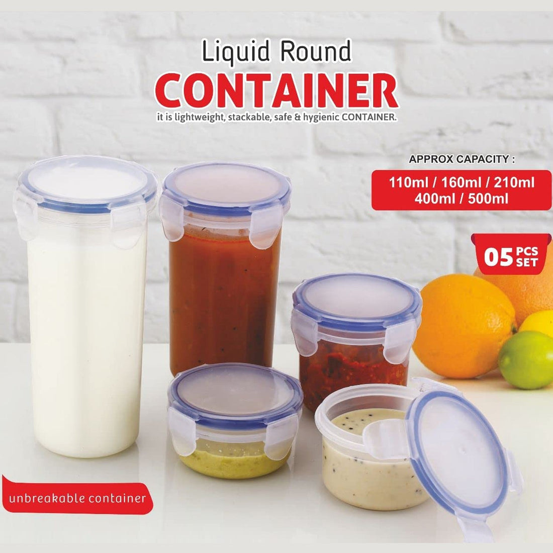 Round plastic food storage container with airtight locking lid for leak-proof storage.