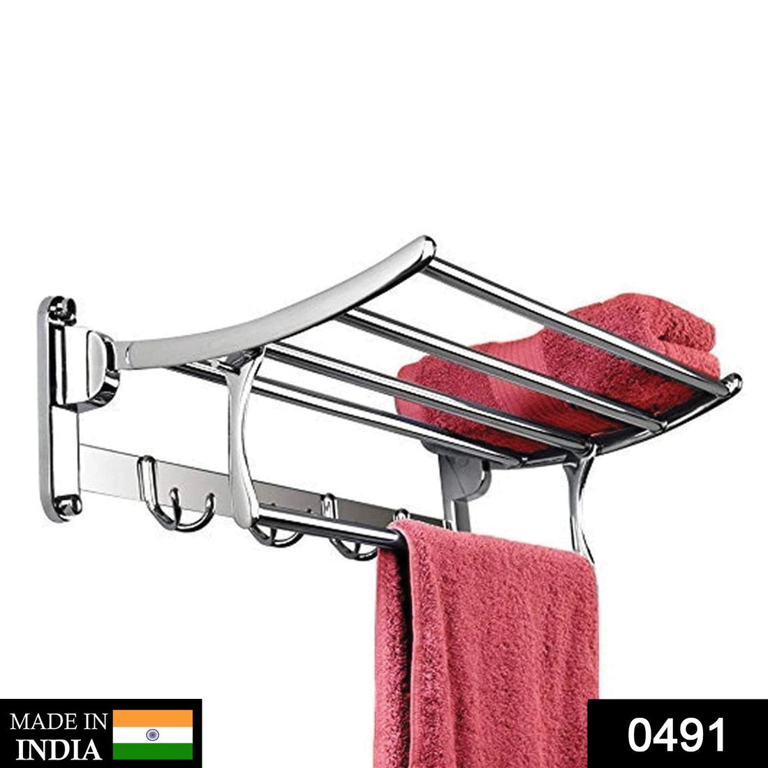 Stainless steel folding towel rack with towel bar, 18 inches for bathroom storage.