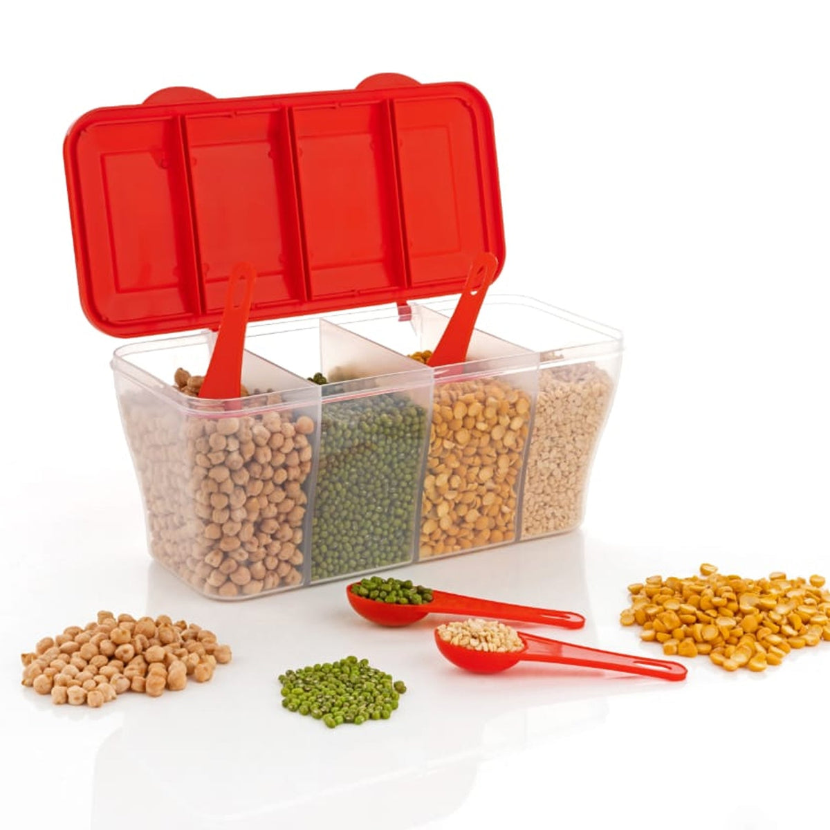 Kitchen Airtight 4-Section Storage Container / Pickle Jar with 4 Spoons (1 Pc / Mix Color)