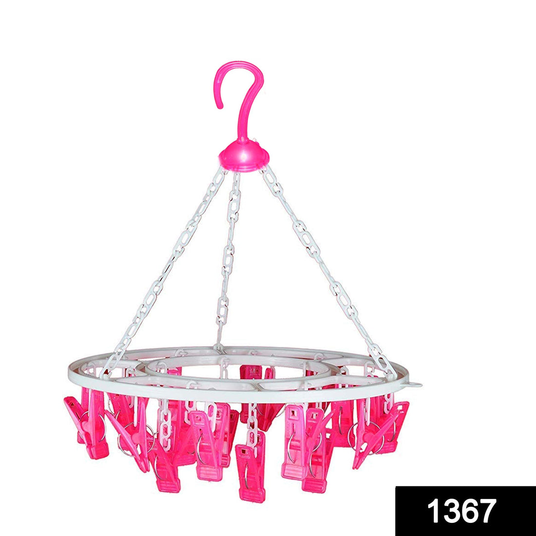 360-degree rotatable hanger with 24 clips for efficient drying.