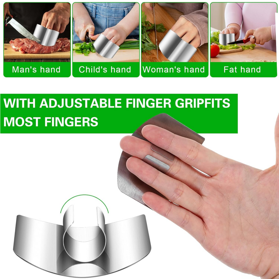 Stainless steel finger guard for safe cutting in kitchen.
