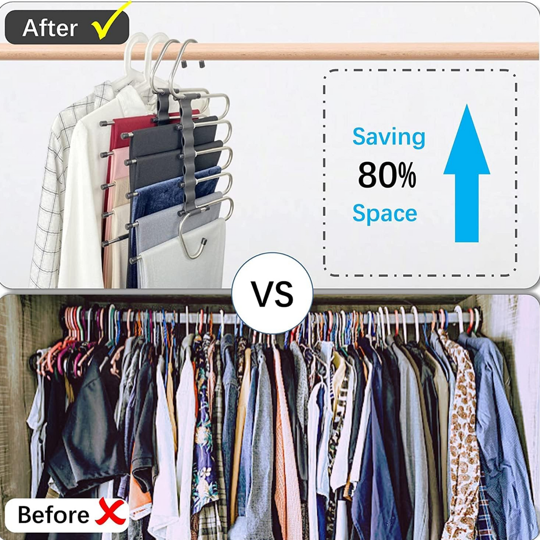 Adjustable pants organizer with easy-to-use clips for clutter-free closets