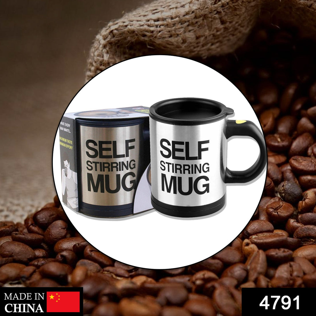 Self-stirring mug for effortless mixing of coffee and beverages at home or office.
