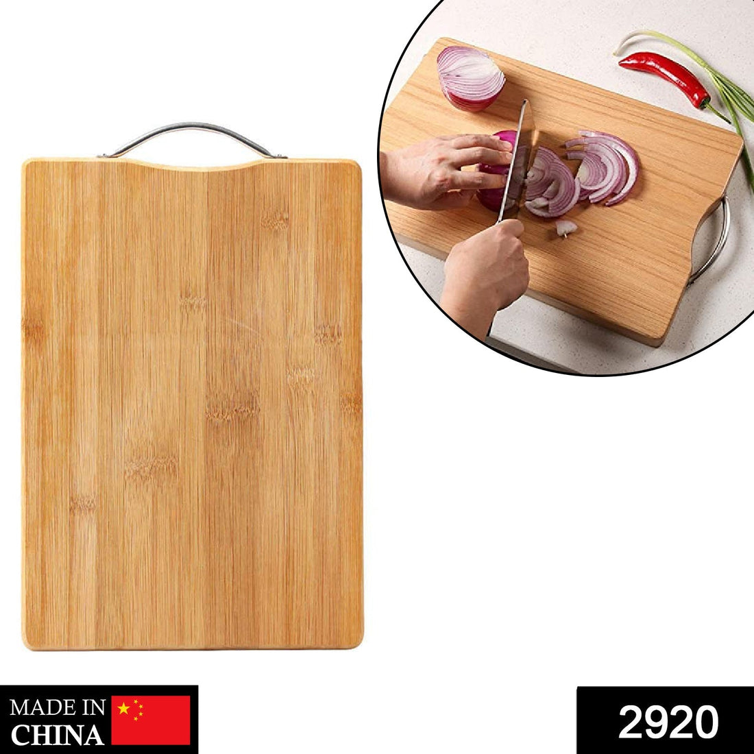 Wooden chopping board with anti-slip mat for safety.