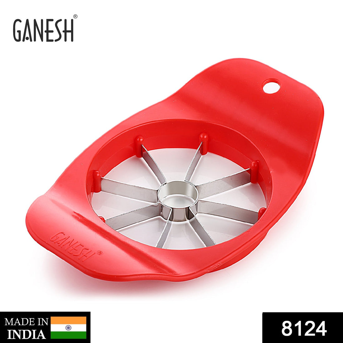 Ganesh apple cutter, plastic and stainless steel, available in various colors.
