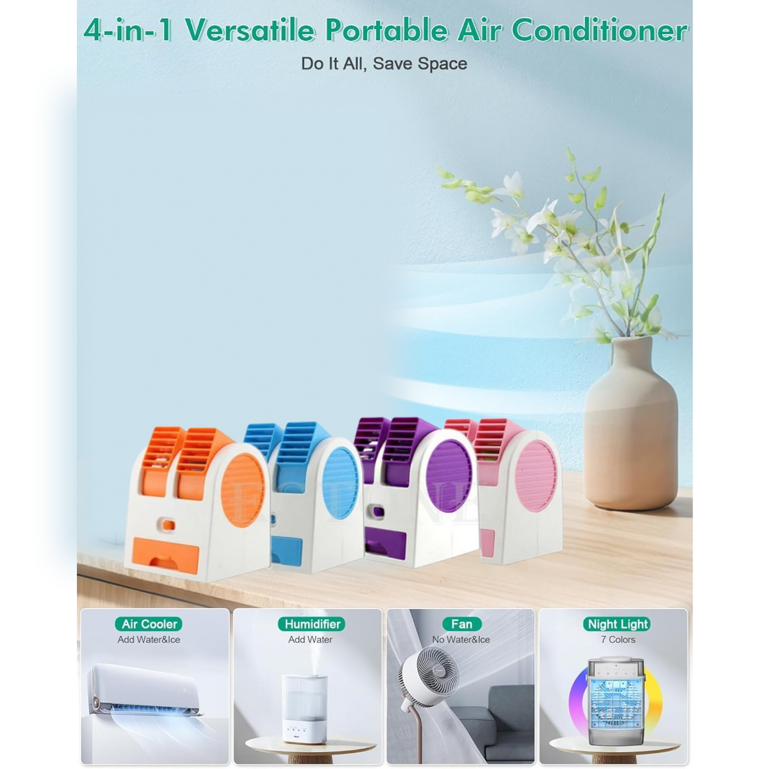 Bladeless mini air conditioner in sleek design.
