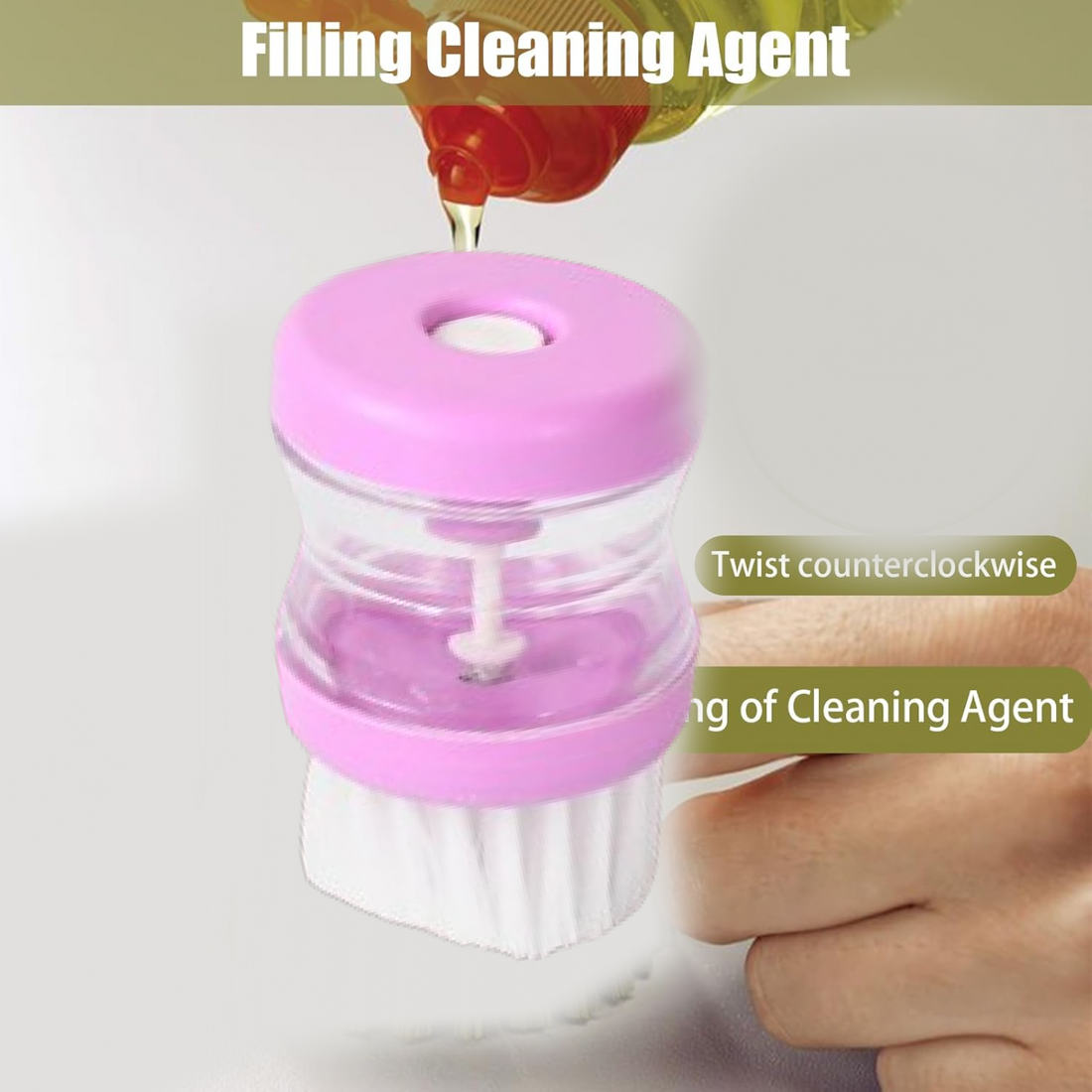 Plastic wash basin brush cleaner with liquid soap dispenser, multicolour.
