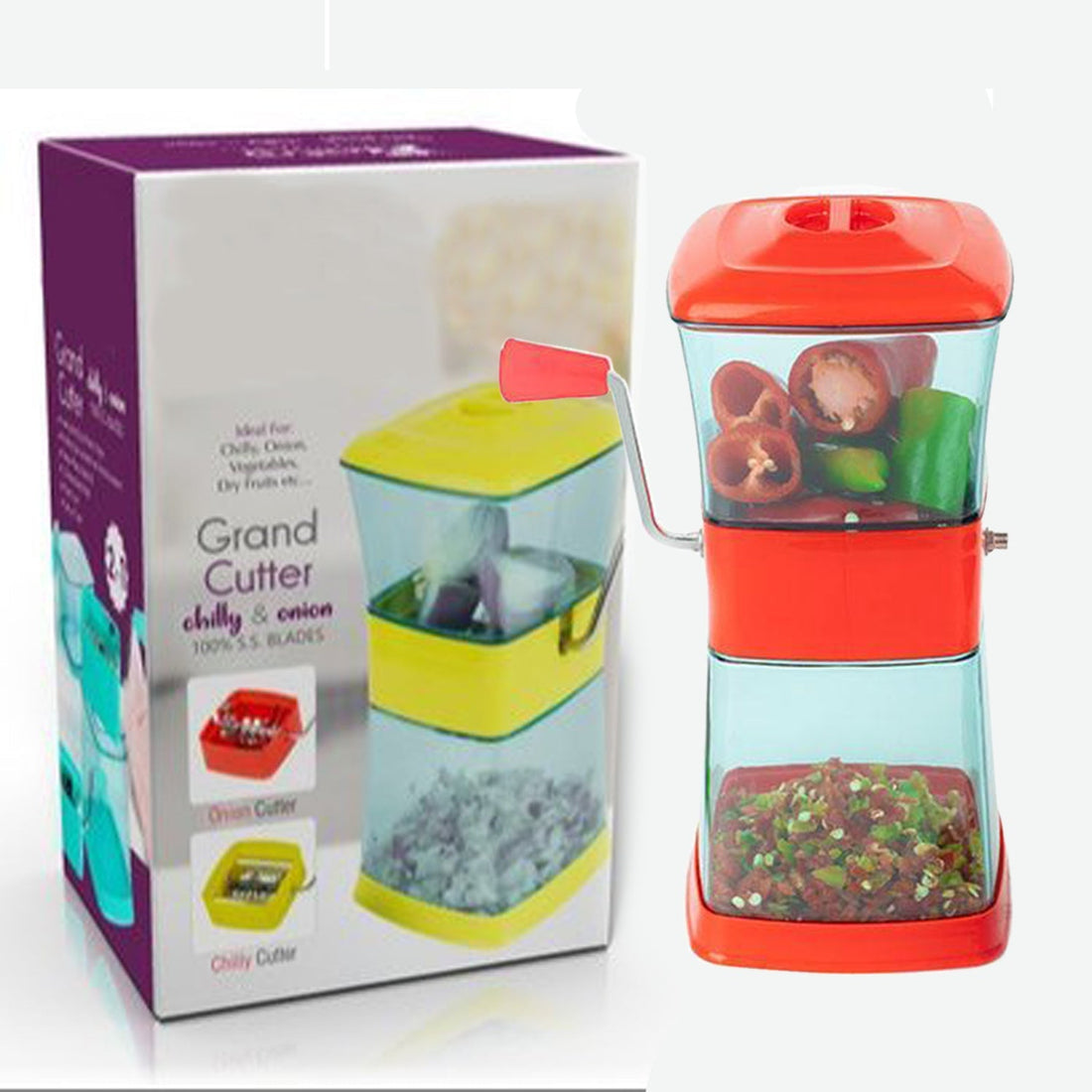 Stainless steel cutter for chopping onions, chilies, dry fruits, and vegetables effortlessly.