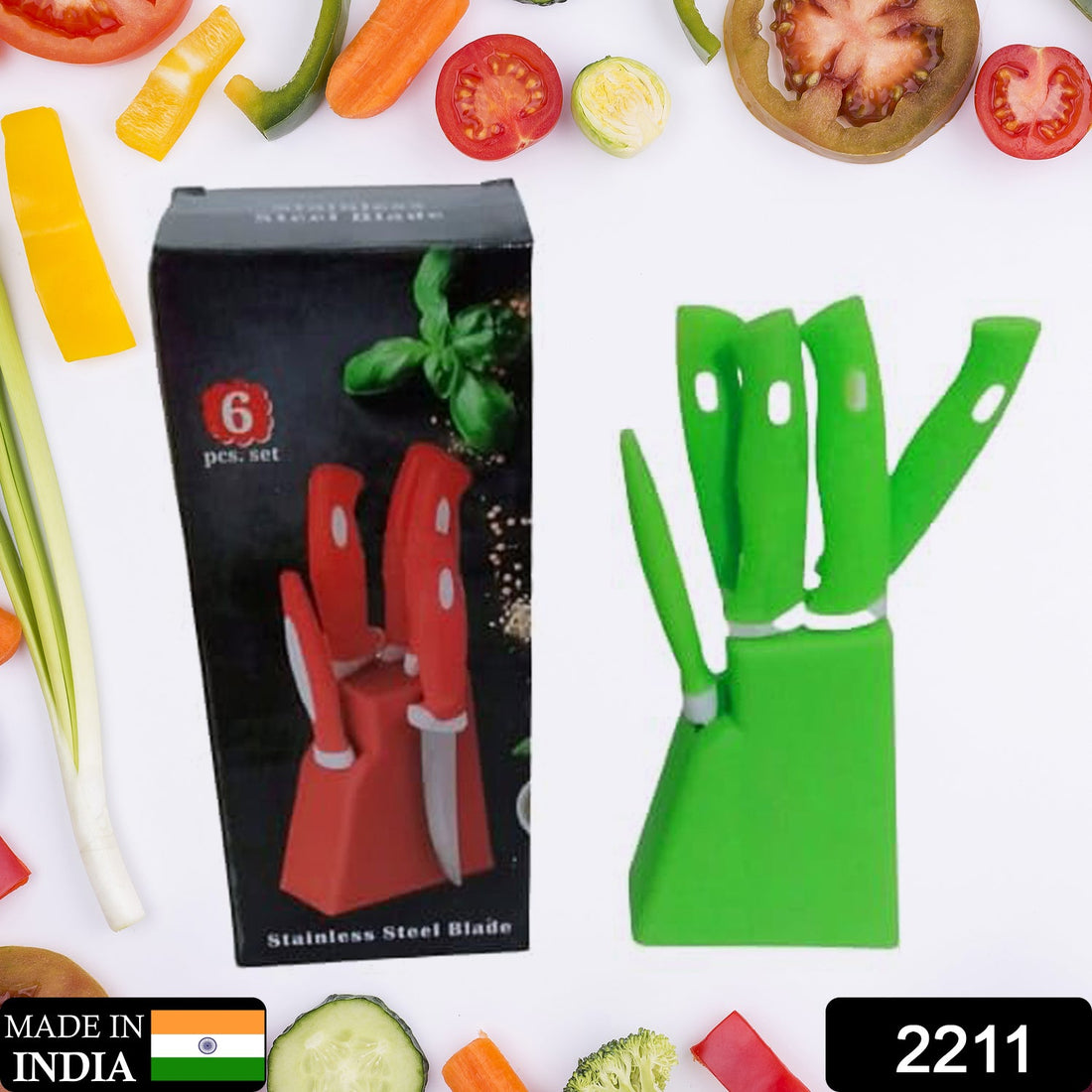 Stainless steel knife and peeler set with stand, 6 pcs.