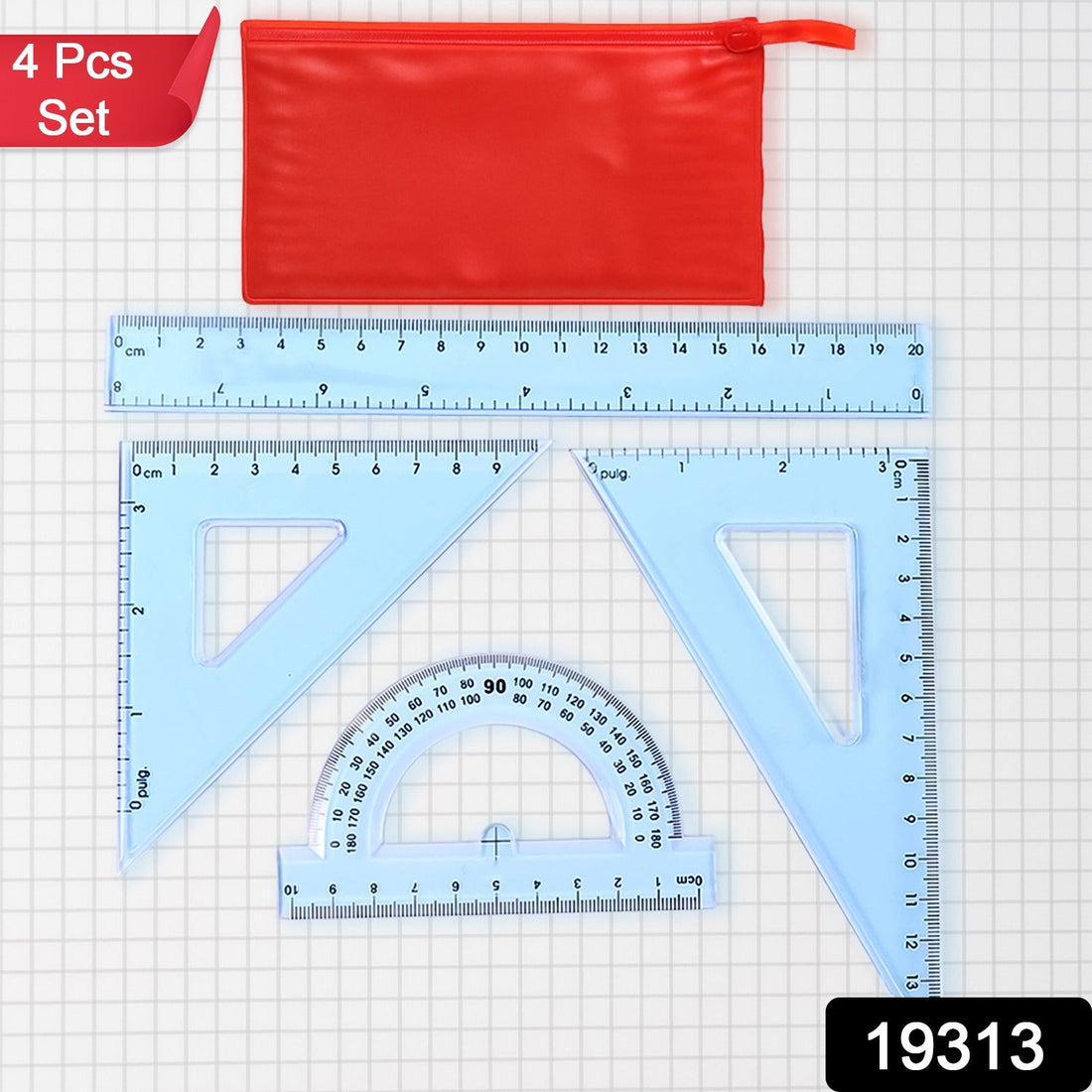 4-Piece Transparent Geometry Instrument Set with Ruler