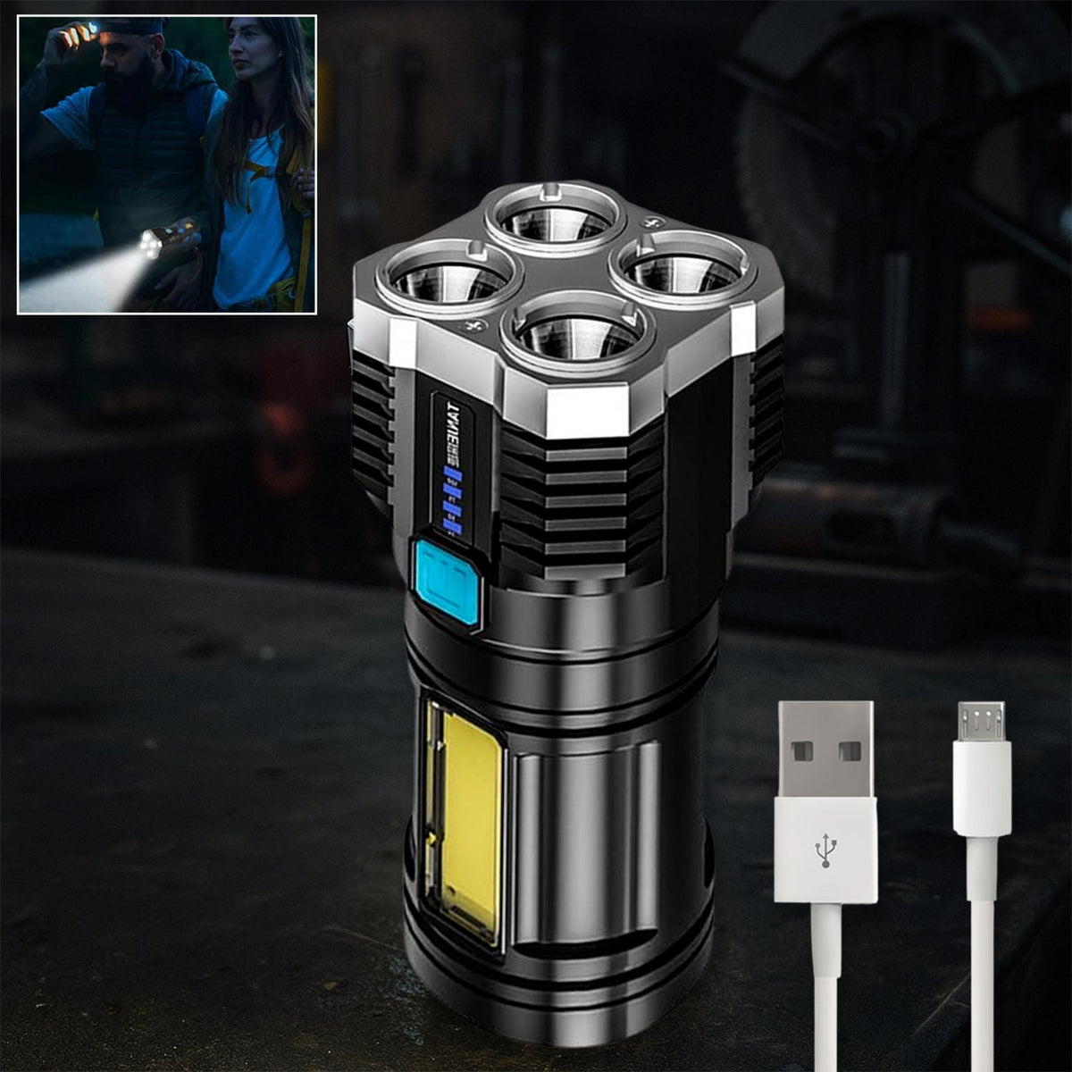 Multifunctional Strong 4 LED Torch Light, Portable Rechargeable Flashlight Long Distance Beam Range 800 Lumens COB Light 4 Mode Emergency for Hiking, Walking, Camping (4 LED Torch)