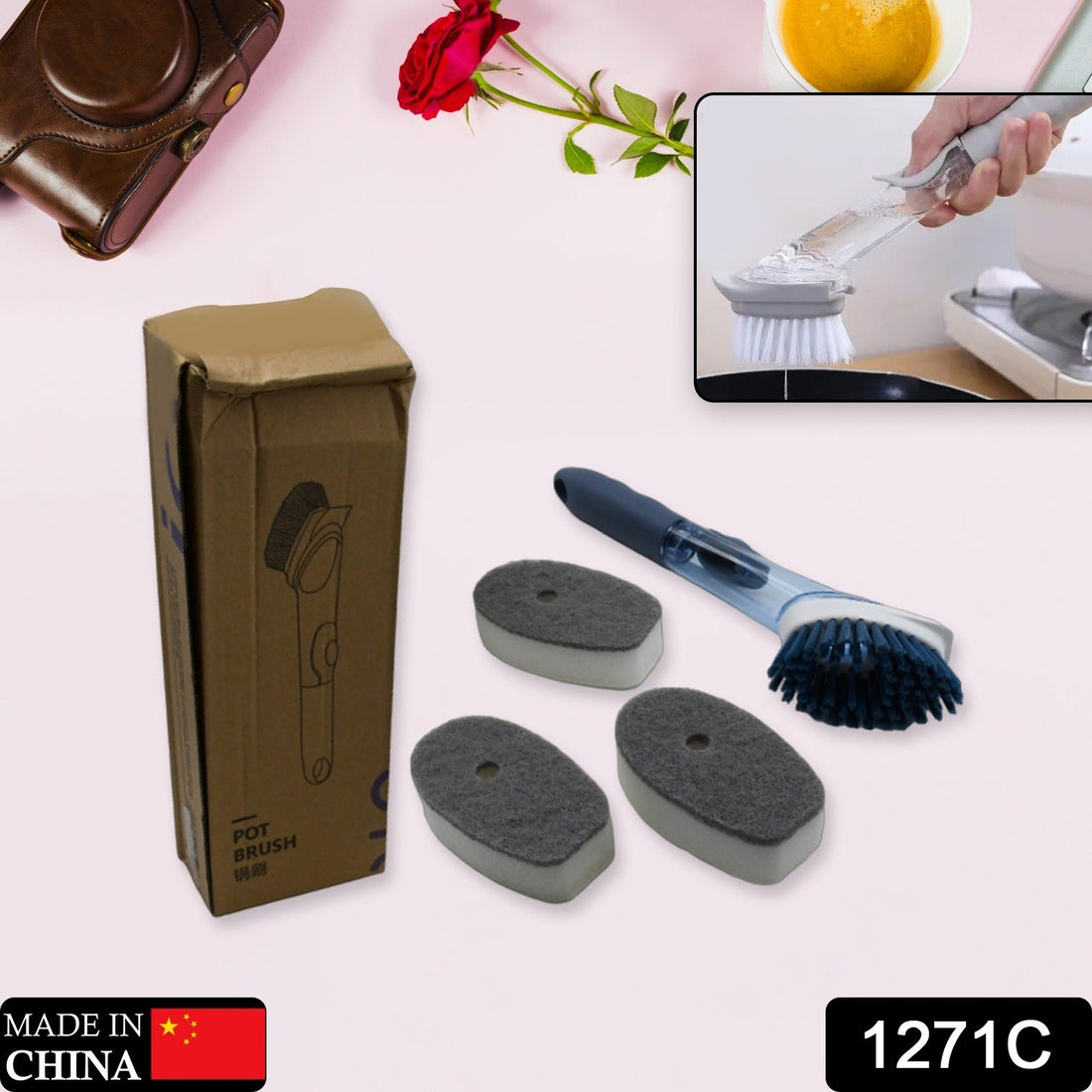 Dish scrubber with soap dispenser, 1 handle