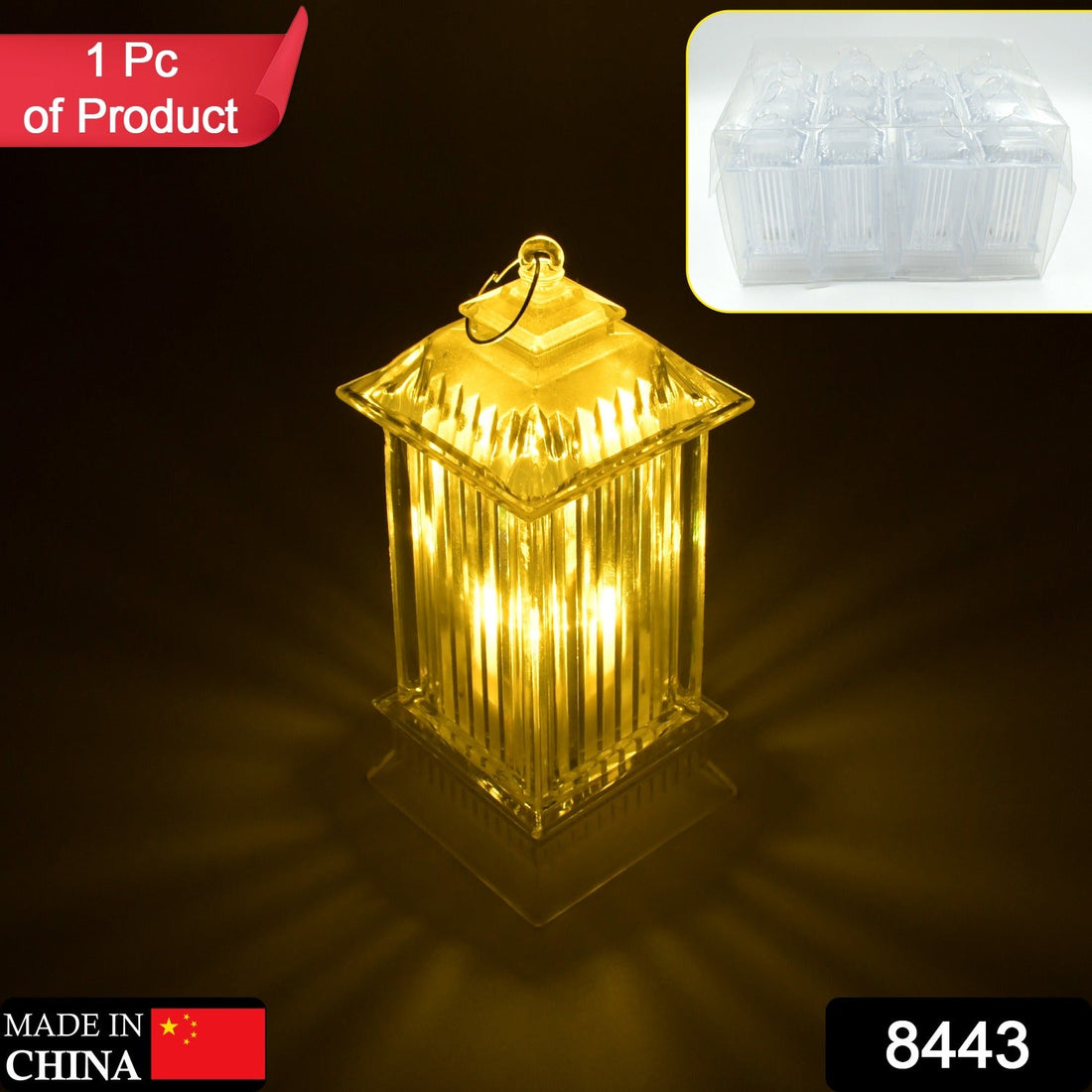 Lantern-shaped LED light with flickering crystal candle effect
