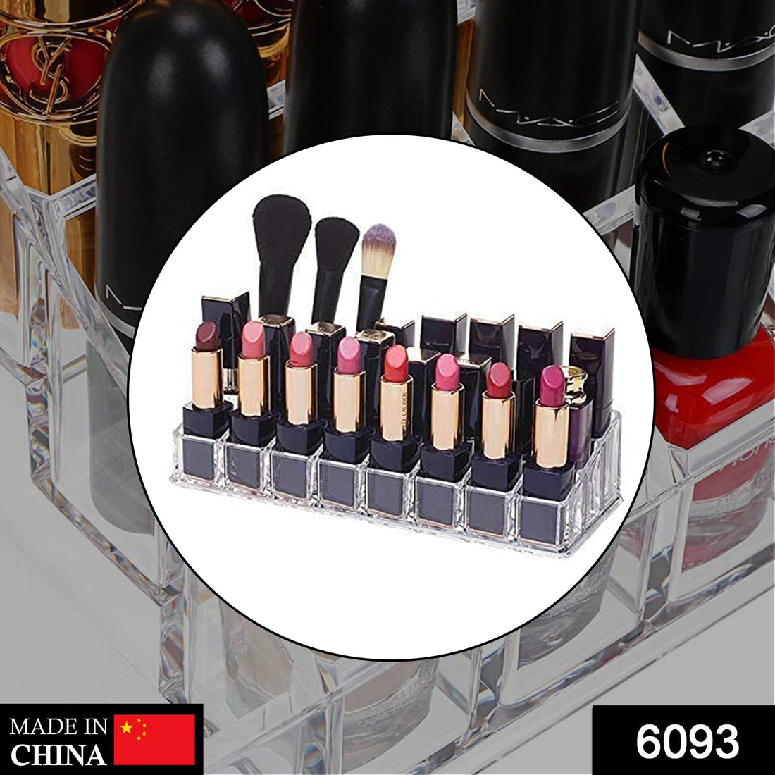 Acrylic lipstick and cosmetics stand with 24 sections, showcasing its clear and organized design