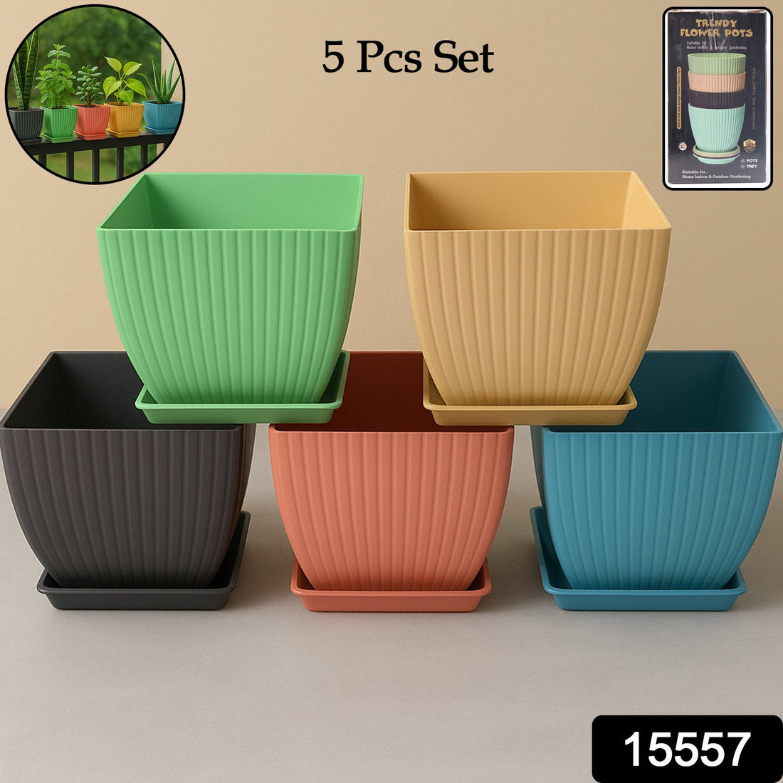 5 Pcs Plastic Square Planter Pots for Indoor