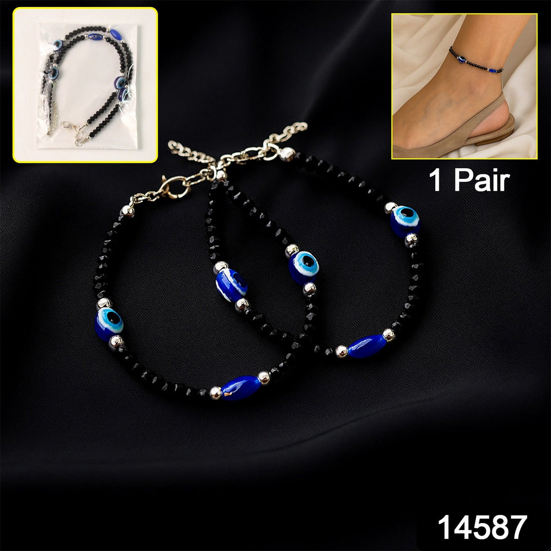 Adjustable Black Bead Evil Eye Protection Bracelet Set