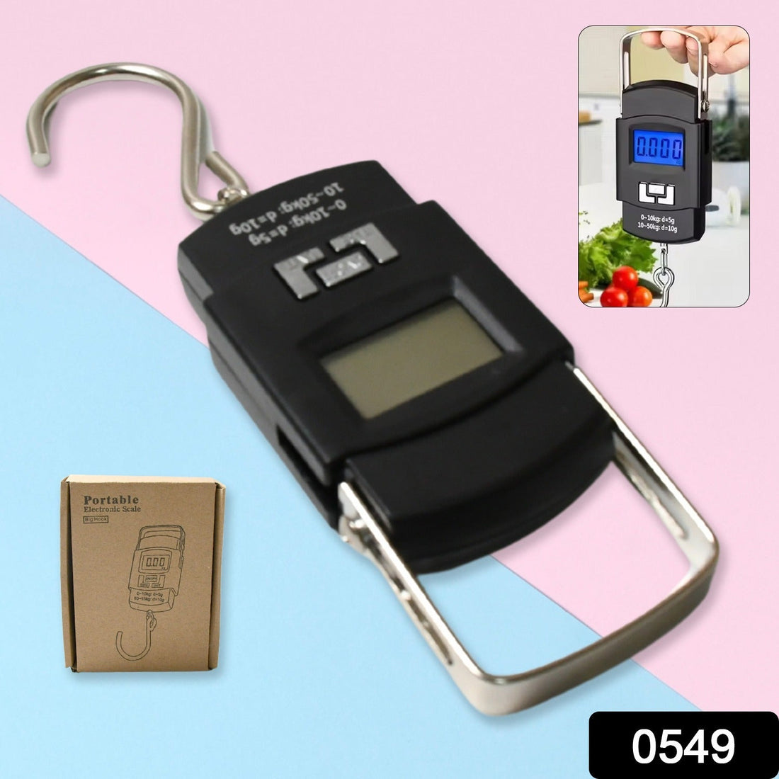Multicolor hook-type digital weighing scale.